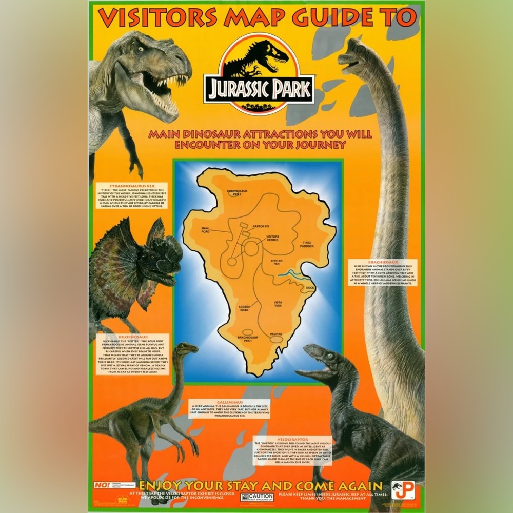 Jurassic Park Poster Visitor's Map Guide Info About 5 Dinosaurs Brand New SEALED